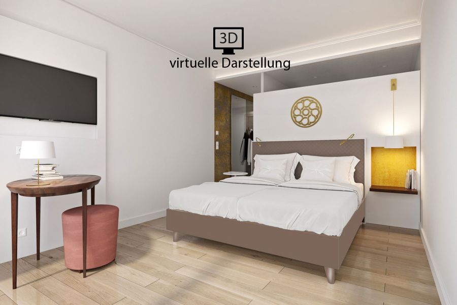 virtuelle Darstellung eines Hotelzimmers mit kleinem Tisch und Doppelbett