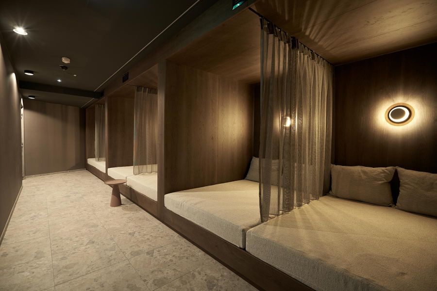 Wellness loungers in the spa area of the Triforet Alpin Resort